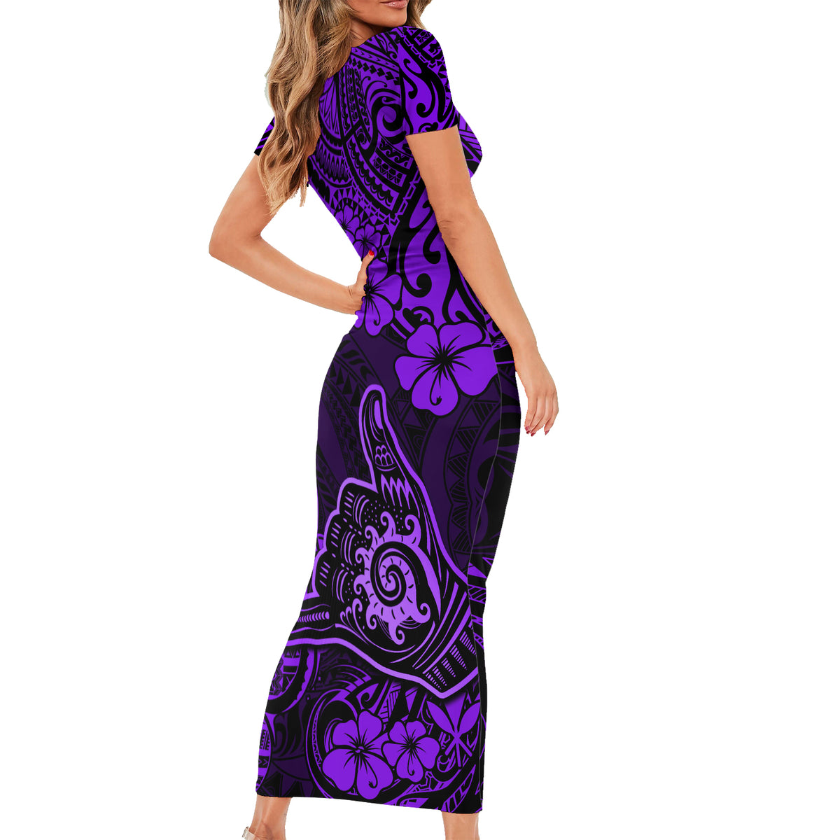 Hawaii Shaka Sign Short Sleeve Bodycon Dress Polynesian Pattern Purple Version - Wonder Print Shop