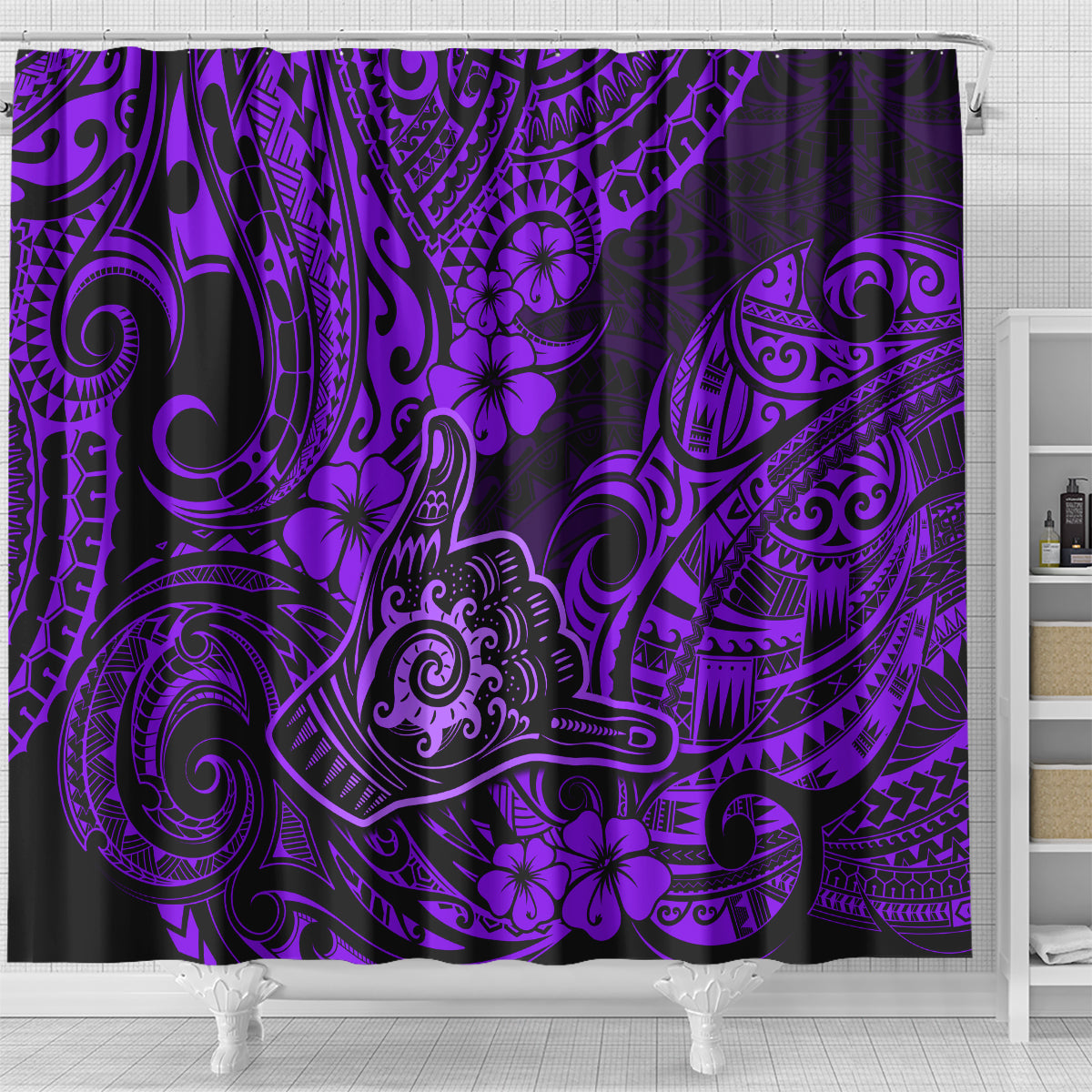 hawaii-shaka-sign-shower-curtain-polynesian-pattern-purple-version