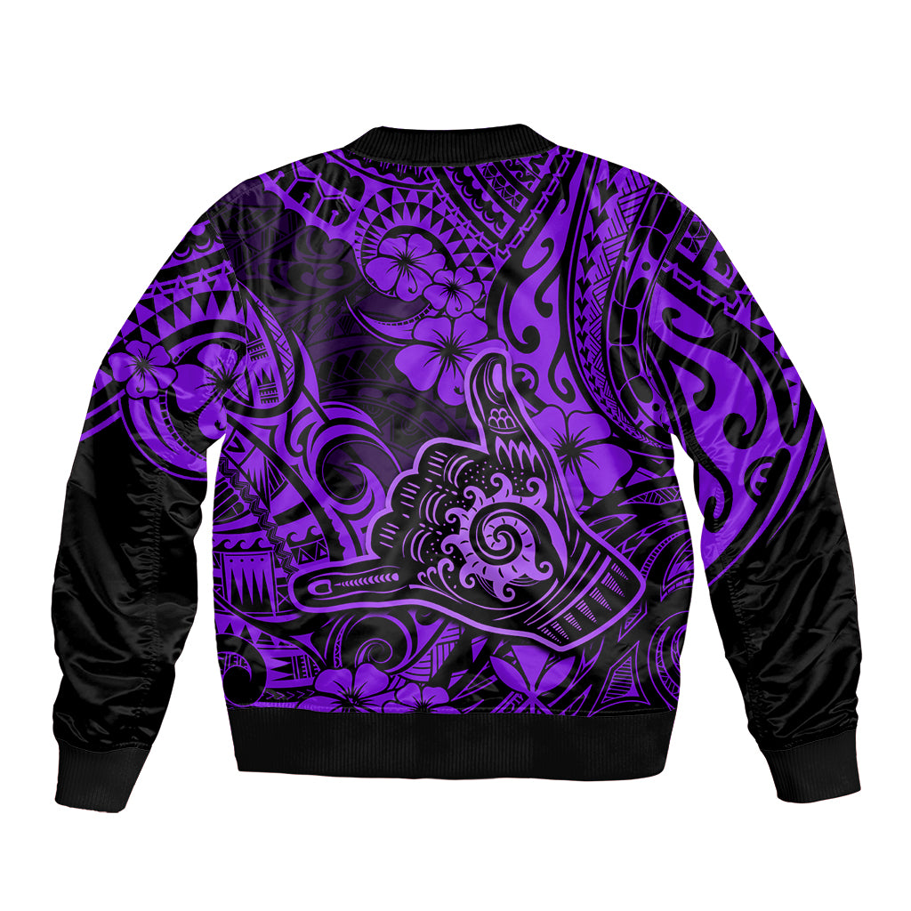 Hawaii Shaka Sign Sleeve Zip Bomber Jacket Polynesian Pattern Purple Version - Wonder Print Shop