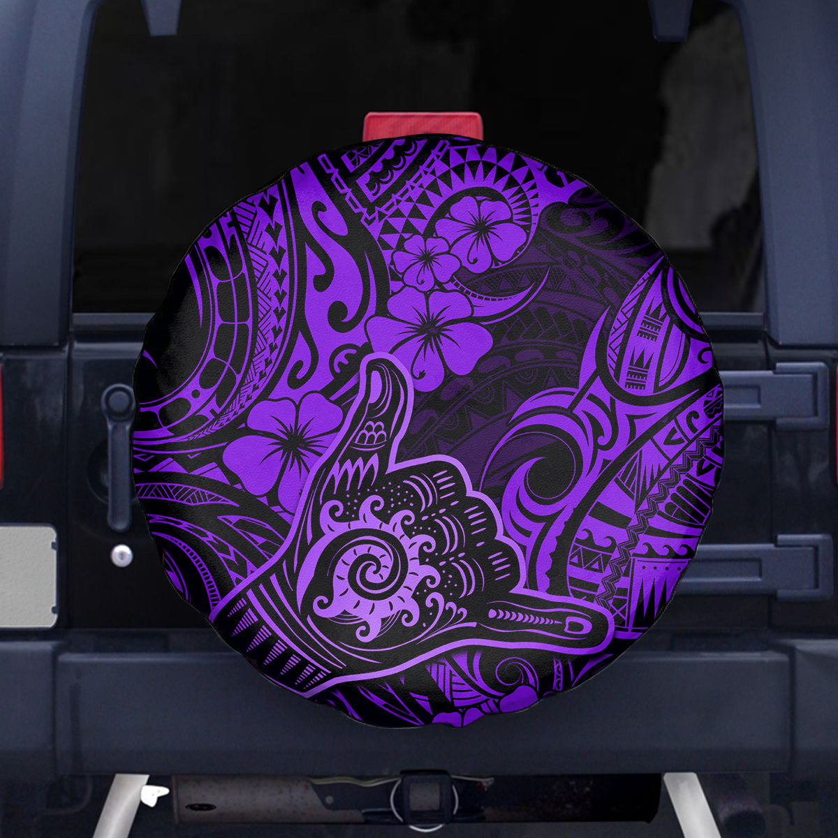 Hawaii Shaka Sign Spare Tire Cover Polynesian Pattern Purple Version - Wonder Print Shop