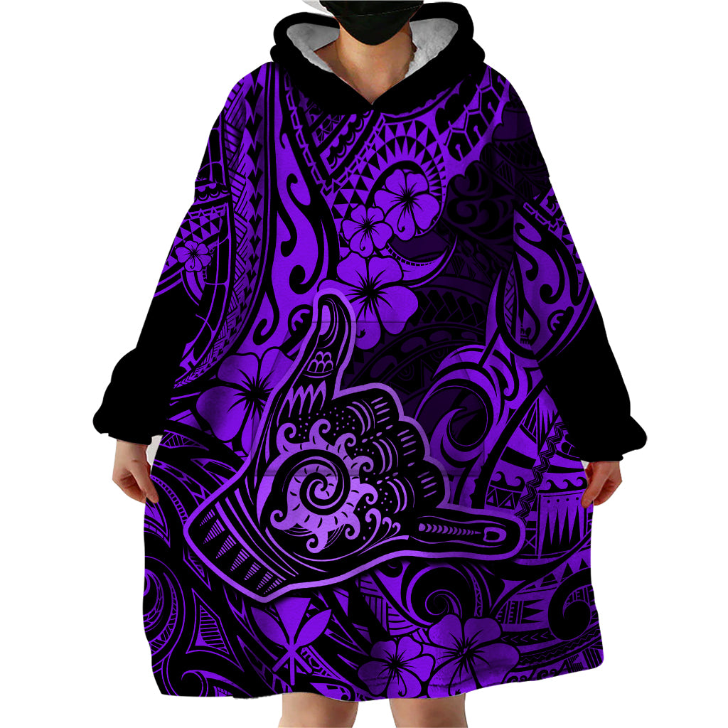Hawaii Shaka Sign Wearable Blanket Hoodie Polynesian Pattern Purple Version - Wonder Print Shop