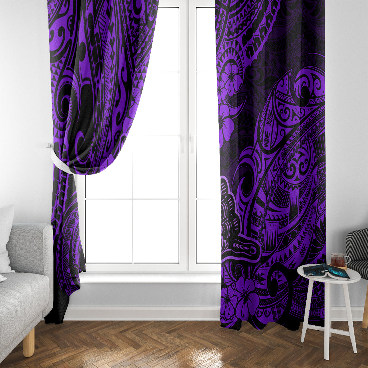Hawaii Shaka Sign Window Curtain Polynesian Pattern Purple Version - Wonder Print Shop