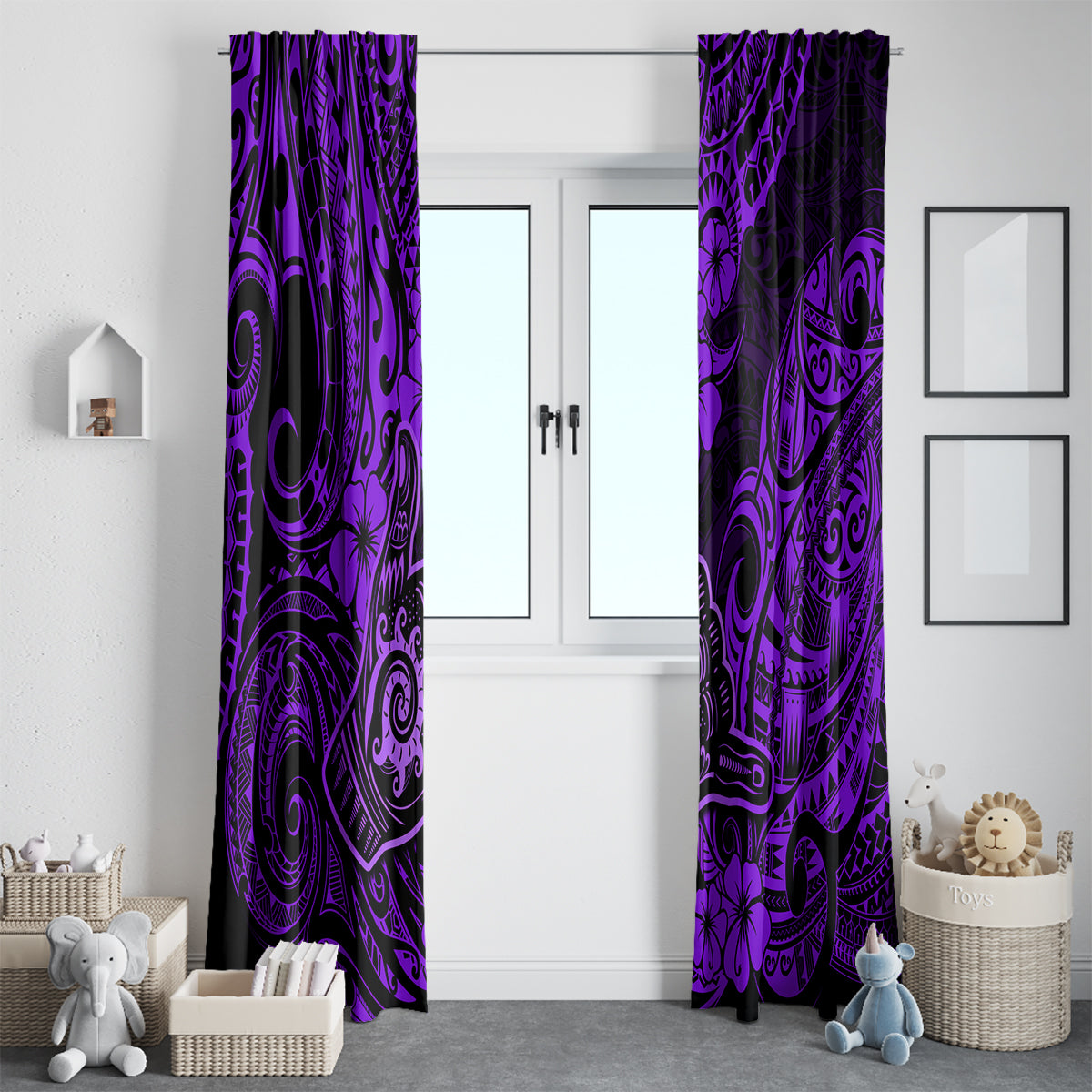 Hawaii Shaka Sign Window Curtain Polynesian Pattern Purple Version - Wonder Print Shop