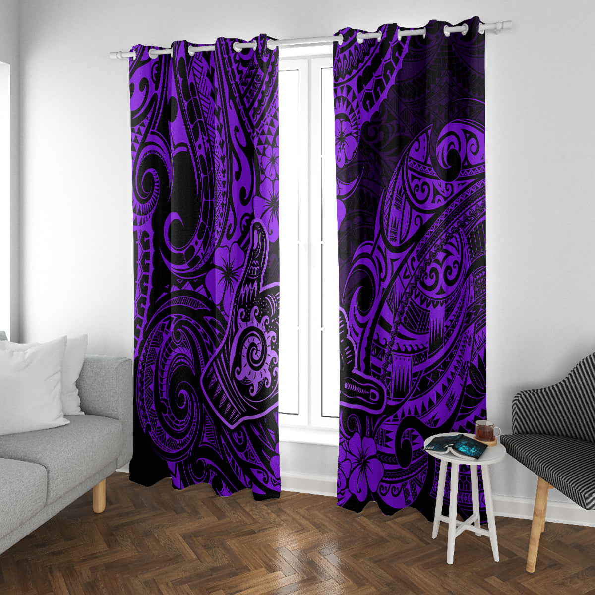 Hawaii Shaka Sign Window Curtain Polynesian Pattern Purple Version - Wonder Print Shop