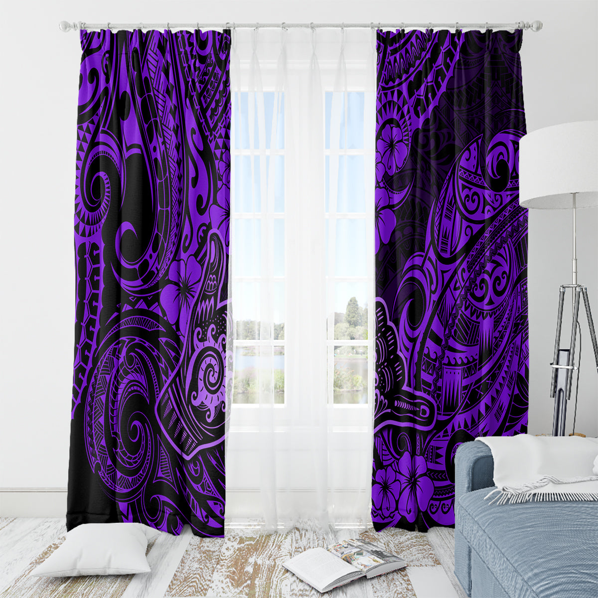 Hawaii Shaka Sign Window Curtain Polynesian Pattern Purple Version - Wonder Print Shop