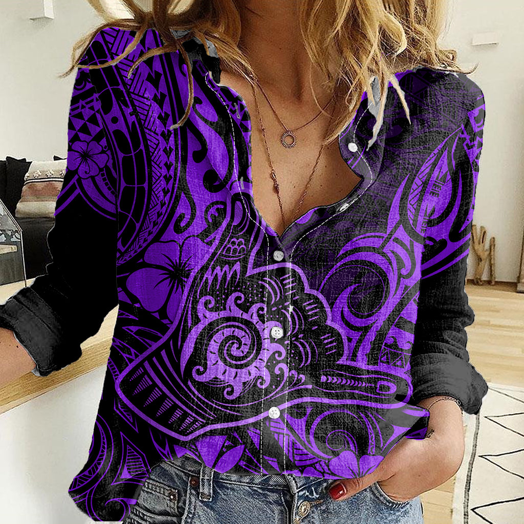 Hawaii Shaka Sign Women Casual Shirt Polynesian Pattern Purple Version - Wonder Print Shop
