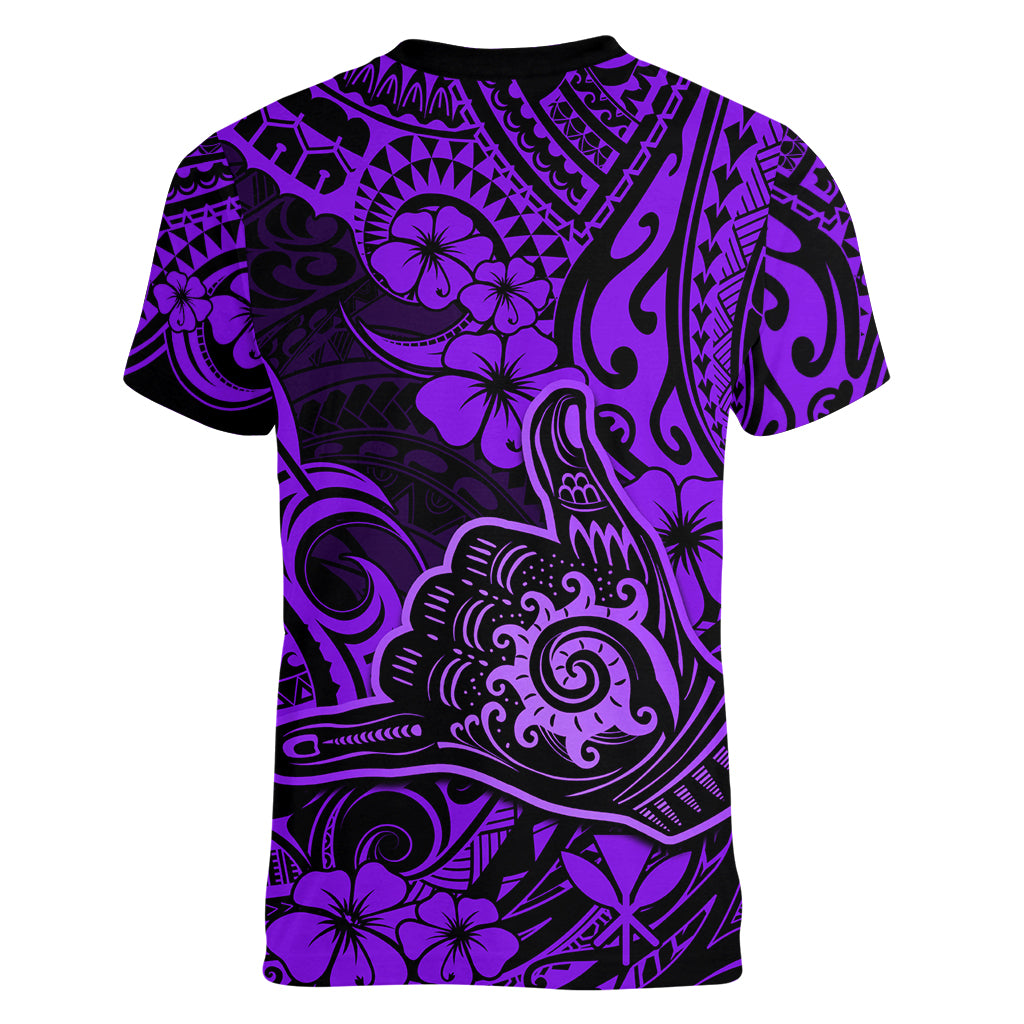 Hawaii Shaka Sign Women V Neck T Shirt Polynesian Pattern Purple Version - Wonder Print Shop
