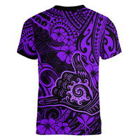Hawaii Shaka Sign Women V Neck T Shirt Polynesian Pattern Purple Version - Wonder Print Shop