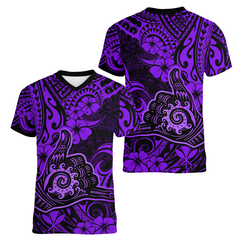 Hawaii Shaka Sign Women V Neck T Shirt Polynesian Pattern Purple Version - Wonder Print Shop
