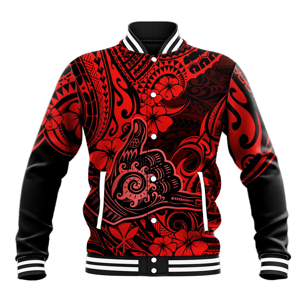 Hawaii Shaka Sign Baseball Jacket Polynesian Pattern Red Version - Wonder Print Shop