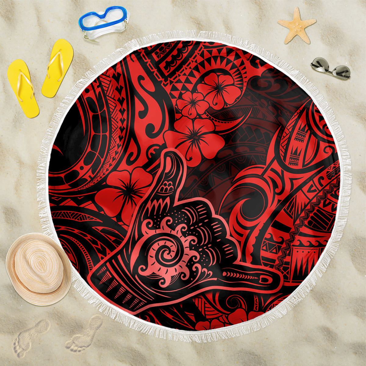 Hawaii Shaka Sign Beach Blanket Polynesian Pattern Red Version - Wonder Print Shop