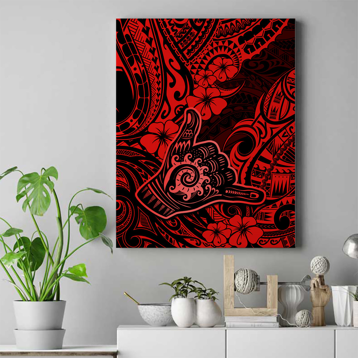 Hawaii Shaka Sign Canvas Wall Art Polynesian Pattern Red Version - Wonder Print Shop