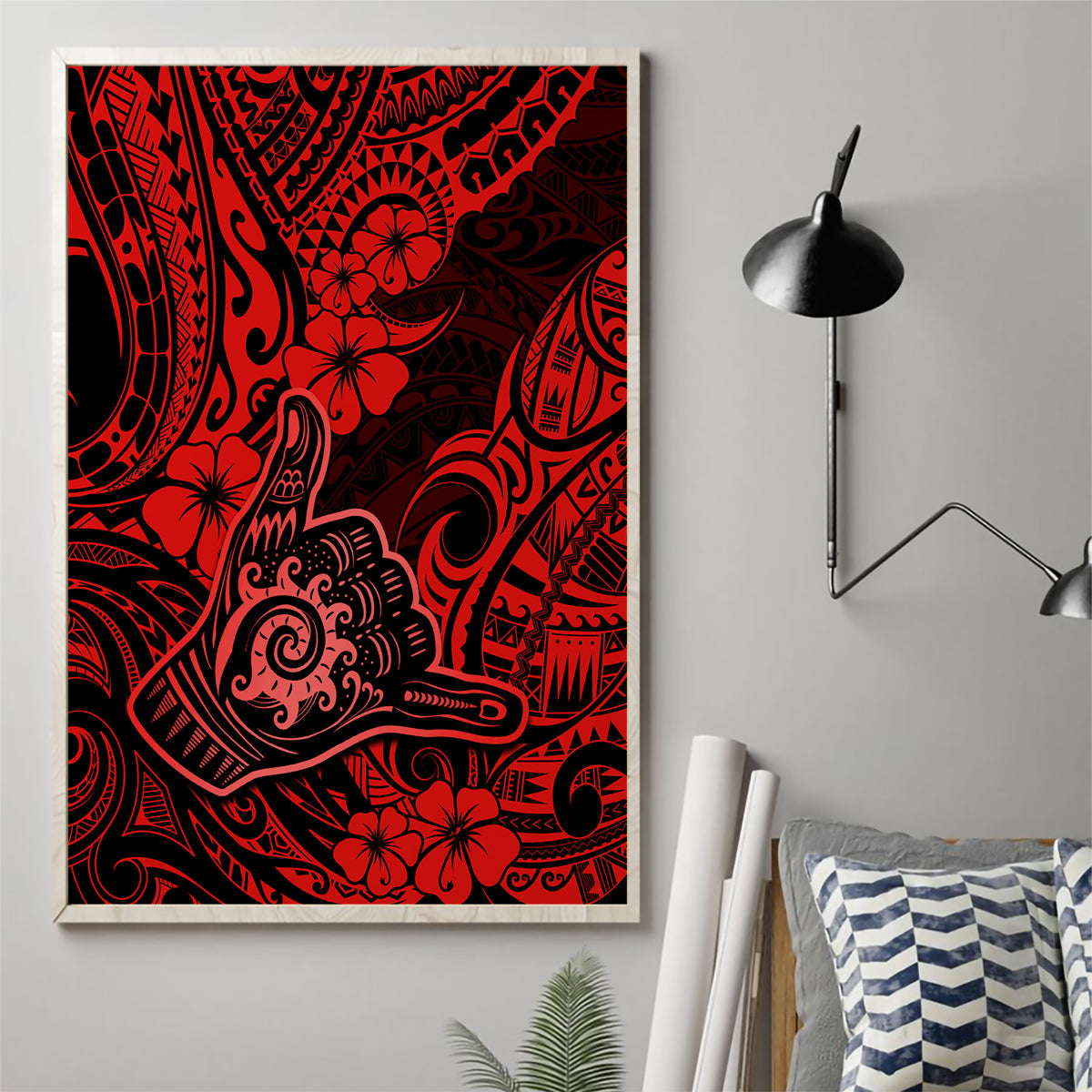 Hawaii Shaka Sign Canvas Wall Art Polynesian Pattern Red Version - Wonder Print Shop