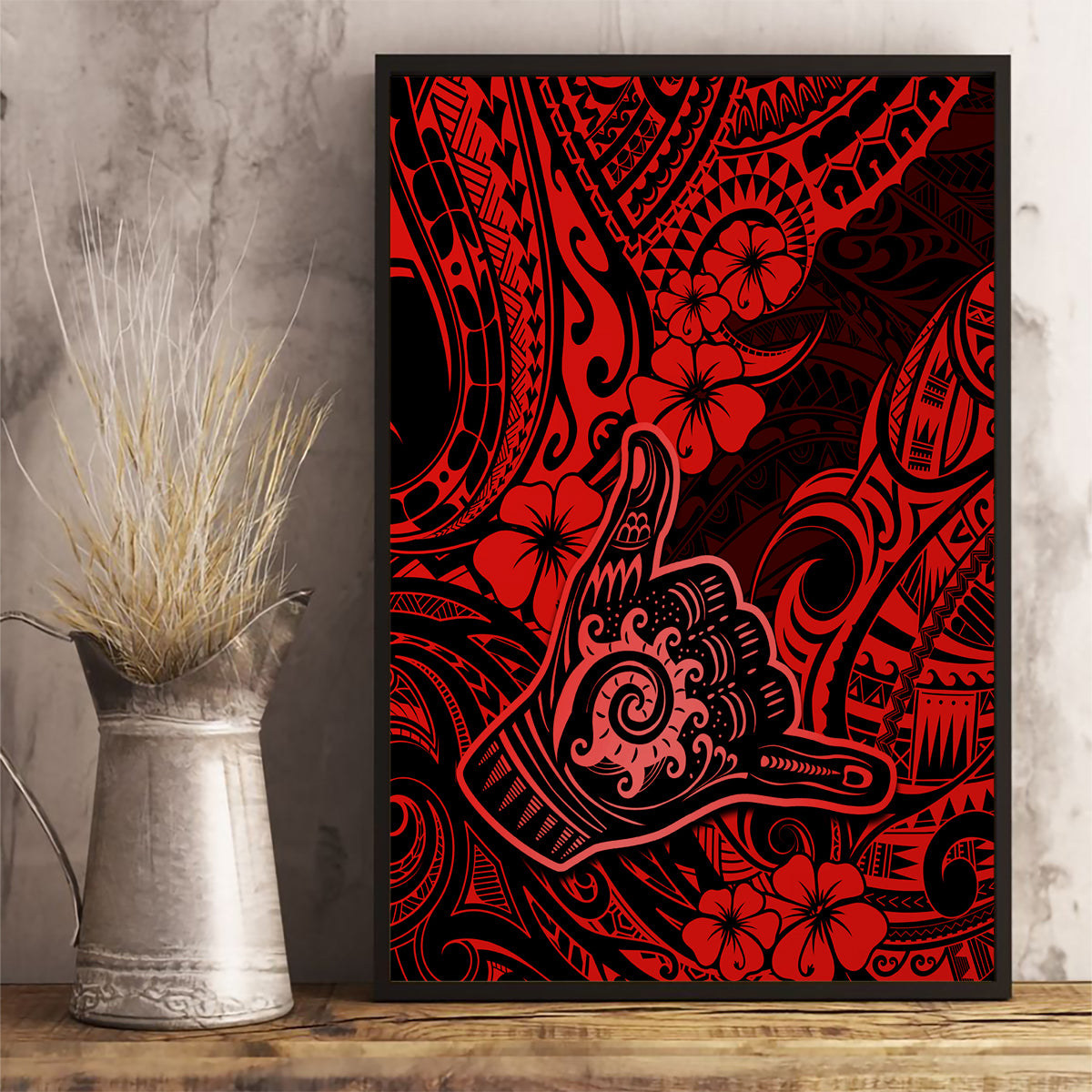 Hawaii Shaka Sign Canvas Wall Art Polynesian Pattern Red Version - Wonder Print Shop