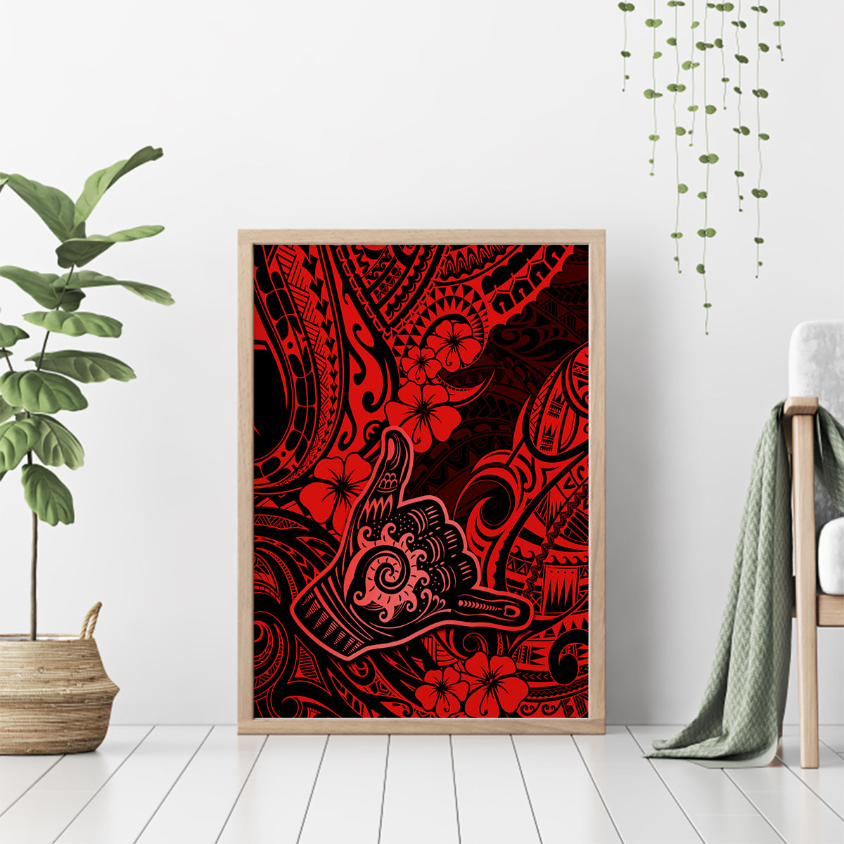 Hawaii Shaka Sign Canvas Wall Art Polynesian Pattern Red Version - Wonder Print Shop