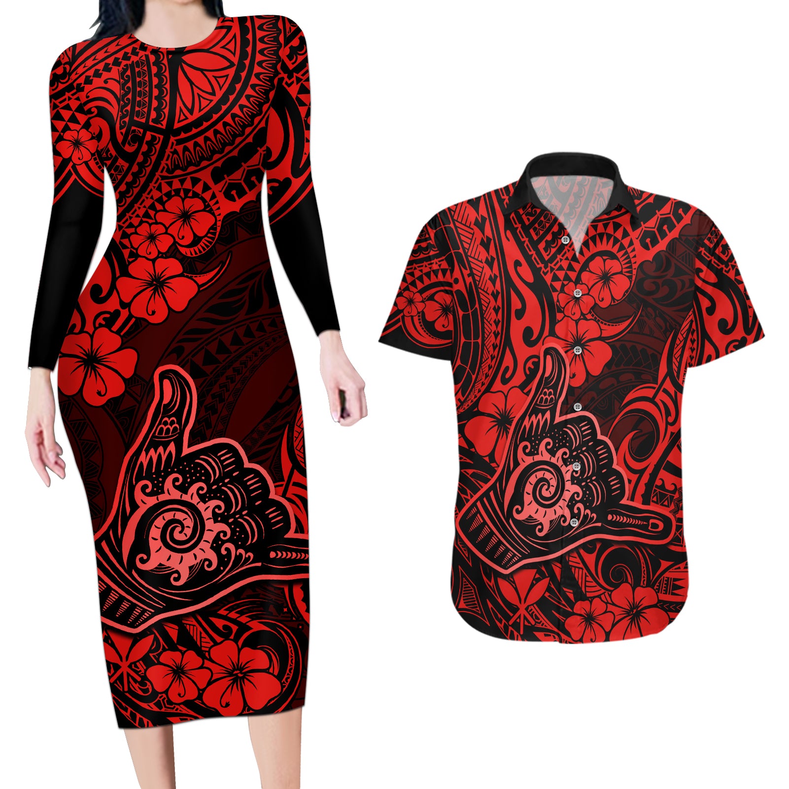 Hawaii Shaka Sign Couples Matching Long Sleeve Bodycon Dress and Hawaiian Shirt Polynesian Pattern Red Version - Wonder Print Shop