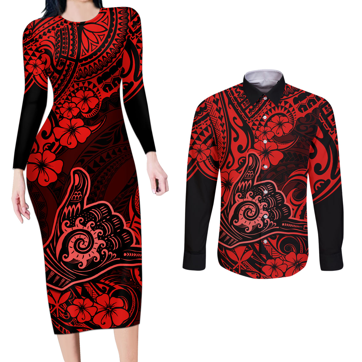 Hawaii Shaka Sign Couples Matching Long Sleeve Bodycon Dress and Long Sleeve Button Shirts Polynesian Pattern Red Version - Wonder Print Shop