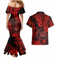 Hawaii Shaka Sign Couples Matching Mermaid Dress and Hawaiian Shirt Polynesian Pattern Red Version - Wonder Print Shop