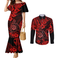 hawaii-shaka-sign-couples-matching-mermaid-dress-and-long-sleeve-button-shirts-polynesian-pattern-red-version
