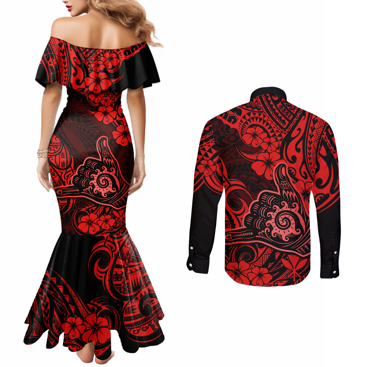 hawaii-shaka-sign-couples-matching-mermaid-dress-and-long-sleeve-button-shirts-polynesian-pattern-red-version