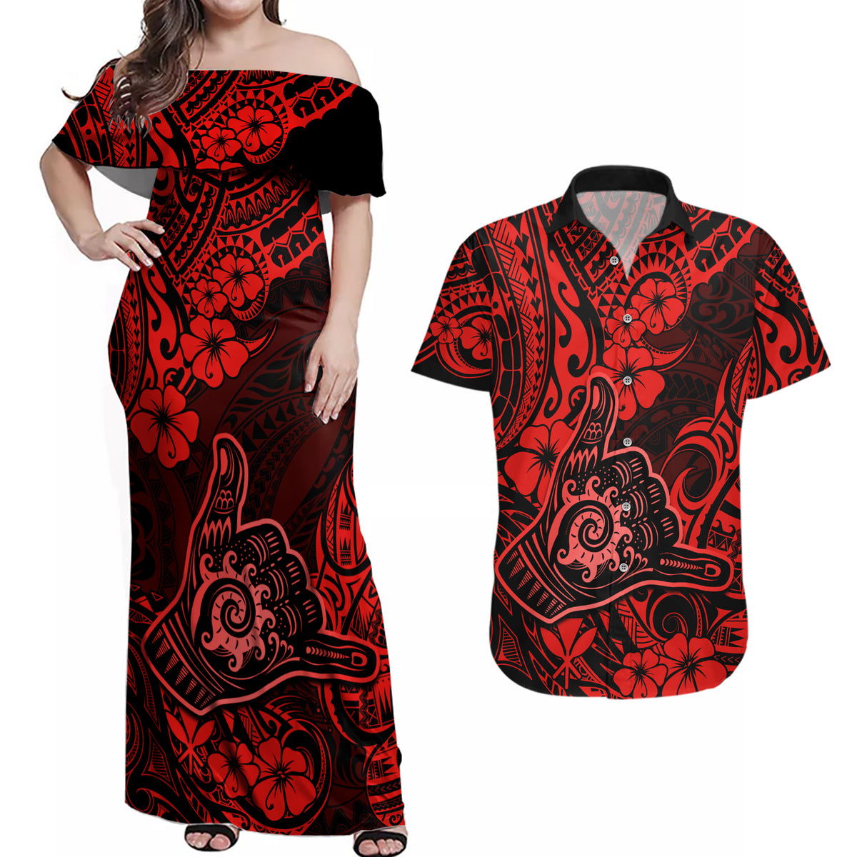 Hawaii Shaka Sign Couples Matching Off Shoulder Maxi Dress and Hawaiian Shirt Polynesian Pattern Red Version - Wonder Print Shop