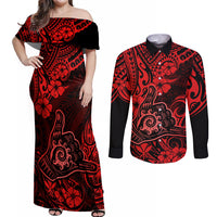 Hawaii Shaka Sign Couples Matching Off Shoulder Maxi Dress and Long Sleeve Button Shirts Polynesian Pattern Red Version - Wonder Print Shop