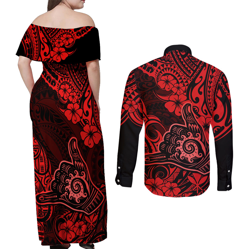 Hawaii Shaka Sign Couples Matching Off Shoulder Maxi Dress and Long Sleeve Button Shirts Polynesian Pattern Red Version - Wonder Print Shop