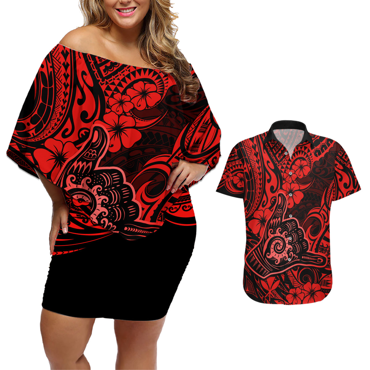 Hawaii Shaka Sign Couples Matching Off Shoulder Short Dress and Hawaiian Shirt Polynesian Pattern Red Version - Wonder Print Shop