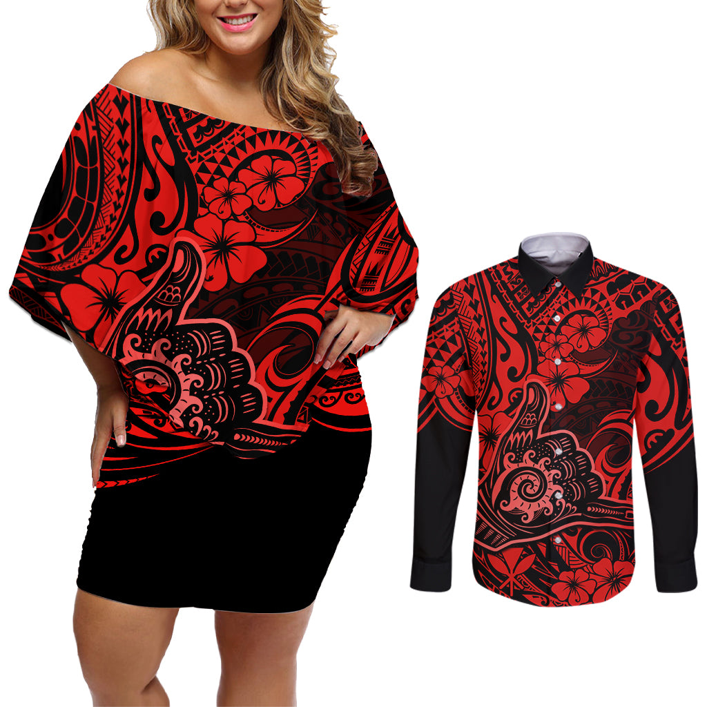 Hawaii Shaka Sign Couples Matching Off Shoulder Short Dress and Long Sleeve Button Shirts Polynesian Pattern Red Version - Wonder Print Shop