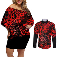 Hawaii Shaka Sign Couples Matching Off Shoulder Short Dress and Long Sleeve Button Shirts Polynesian Pattern Red Version - Wonder Print Shop