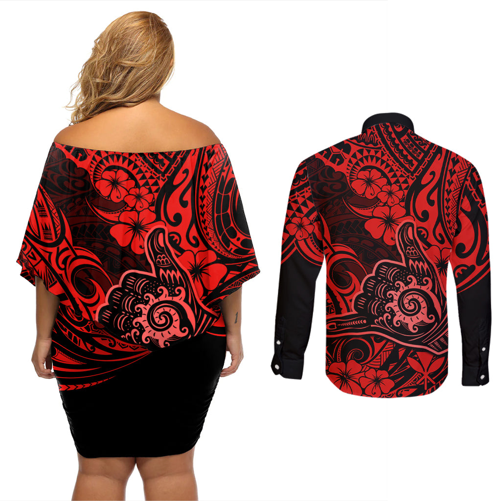 Hawaii Shaka Sign Couples Matching Off Shoulder Short Dress and Long Sleeve Button Shirts Polynesian Pattern Red Version - Wonder Print Shop