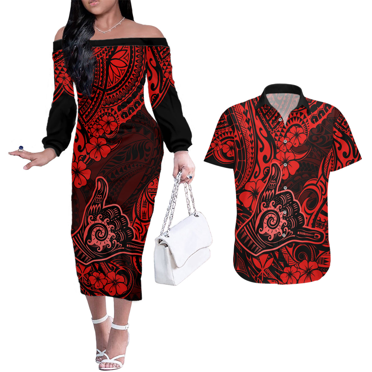 Hawaii Shaka Sign Couples Matching Off The Shoulder Long Sleeve Dress and Hawaiian Shirt Polynesian Pattern Red Version - Wonder Print Shop