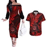 Hawaii Shaka Sign Couples Matching Off The Shoulder Long Sleeve Dress and Hawaiian Shirt Polynesian Pattern Red Version - Wonder Print Shop