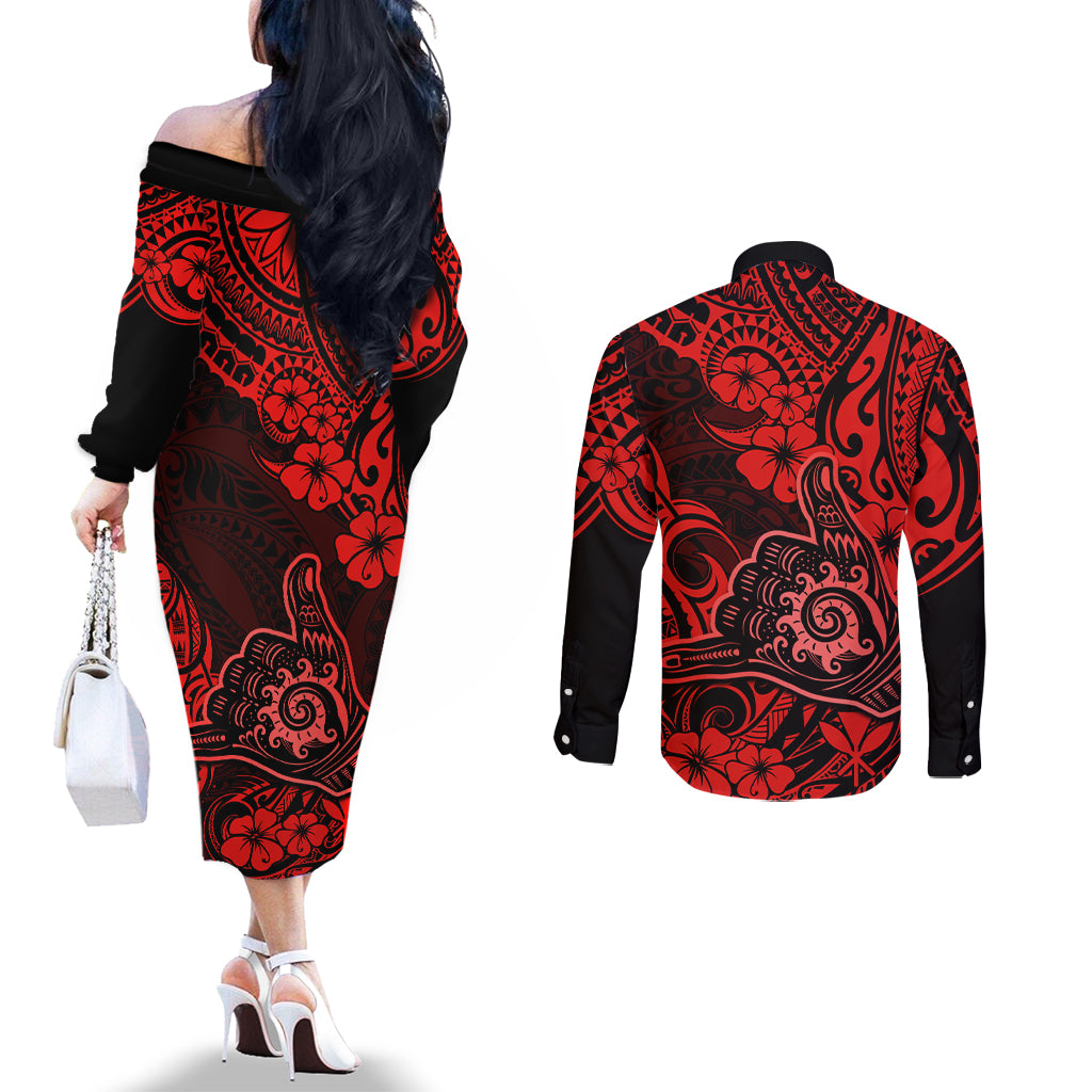 hawaii-shaka-sign-couples-matching-off-the-shoulder-long-sleeve-dress-and-long-sleeve-button-shirts-polynesian-pattern-red-version