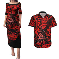 Hawaii Shaka Sign Couples Matching Puletasi Dress and Hawaiian Shirt Polynesian Pattern Red Version - Wonder Print Shop