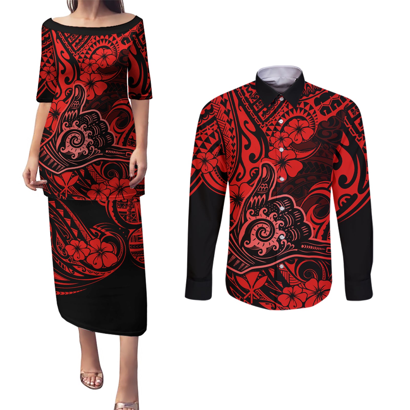 Hawaii Shaka Sign Couples Matching Puletasi Dress and Long Sleeve Button Shirts Polynesian Pattern Red Version - Wonder Print Shop