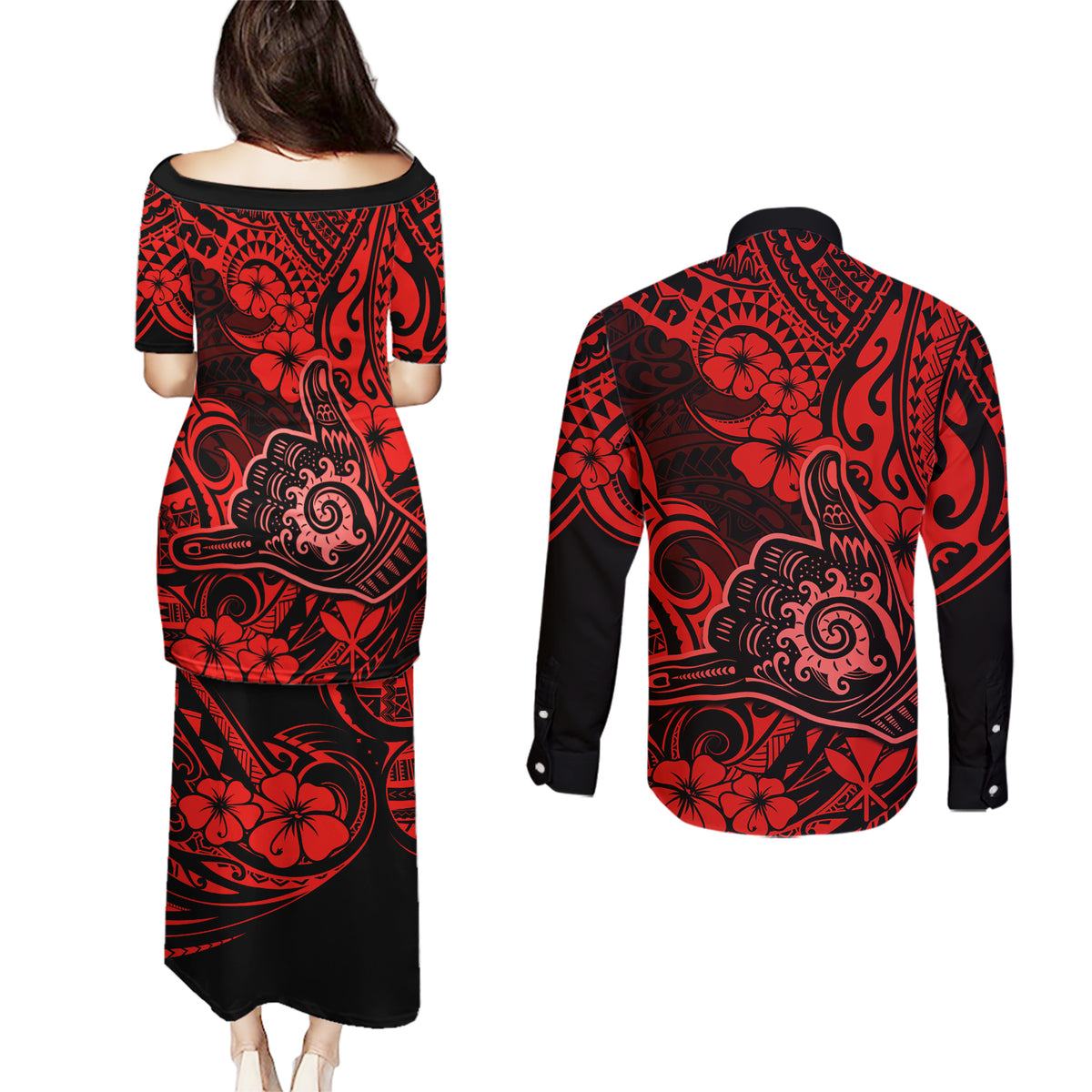 Hawaii Shaka Sign Couples Matching Puletasi Dress and Long Sleeve Button Shirts Polynesian Pattern Red Version - Wonder Print Shop