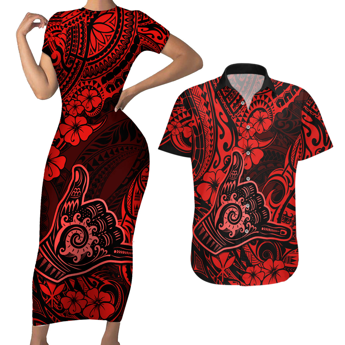 Hawaii Shaka Sign Couples Matching Short Sleeve Bodycon Dress and Hawaiian Shirt Polynesian Pattern Red Version - Wonder Print Shop