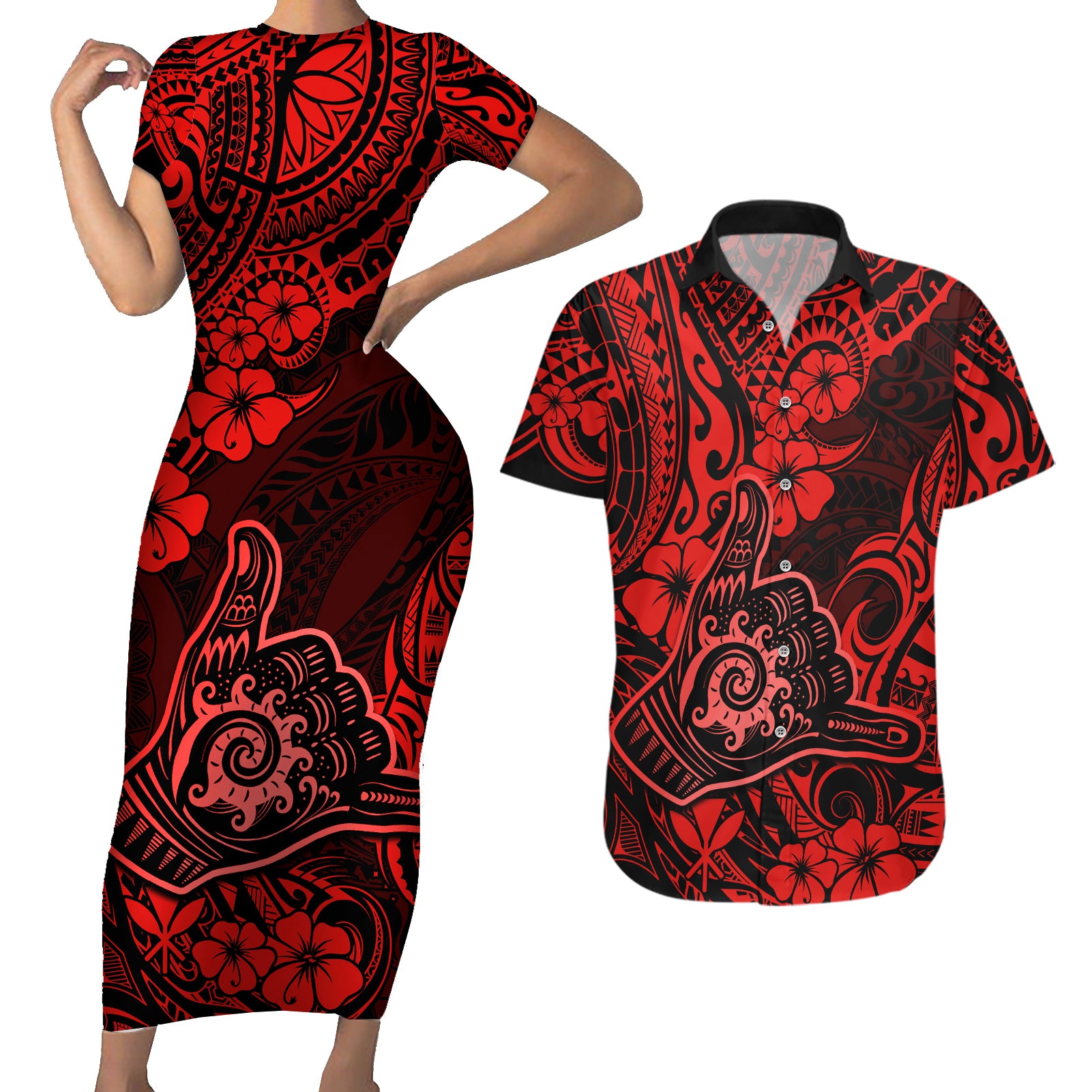 Hawaii Shaka Sign Couples Matching Short Sleeve Bodycon Dress and Hawaiian Shirt Polynesian Pattern Red Version - Wonder Print Shop