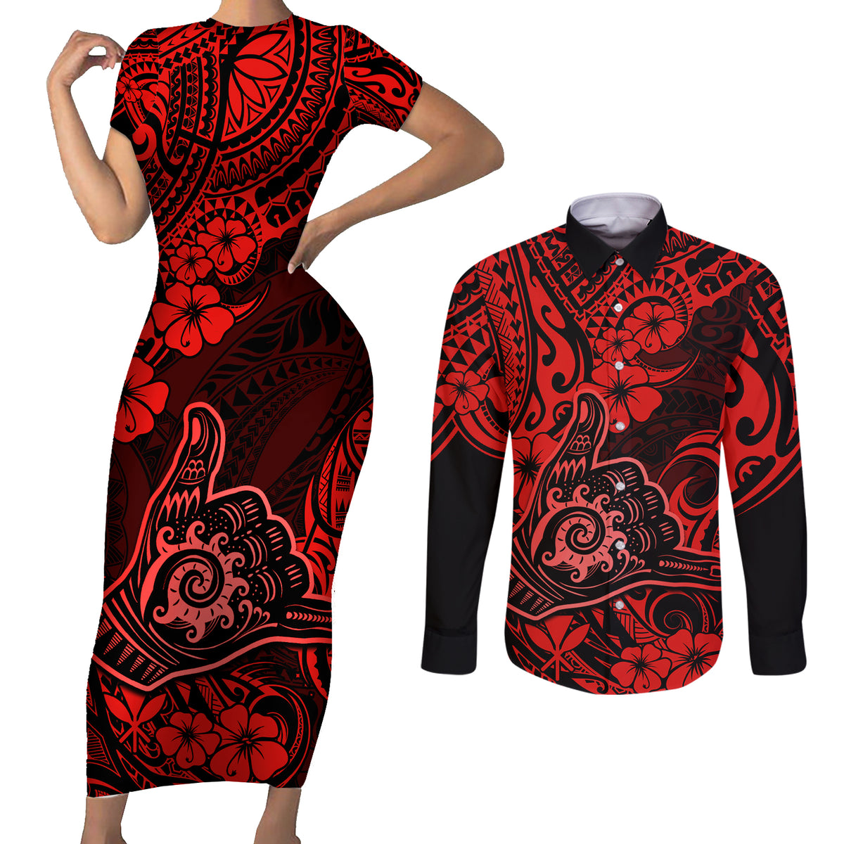 Hawaii Shaka Sign Couples Matching Short Sleeve Bodycon Dress and Long Sleeve Button Shirts Polynesian Pattern Red Version - Wonder Print Shop