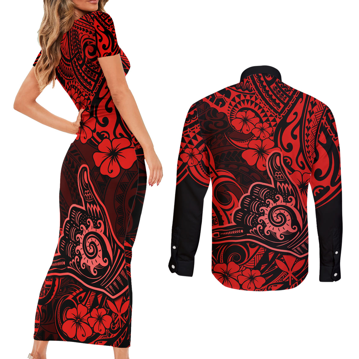 Hawaii Shaka Sign Couples Matching Short Sleeve Bodycon Dress and Long Sleeve Button Shirts Polynesian Pattern Red Version - Wonder Print Shop