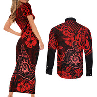 Hawaii Shaka Sign Couples Matching Short Sleeve Bodycon Dress and Long Sleeve Button Shirts Polynesian Pattern Red Version - Wonder Print Shop