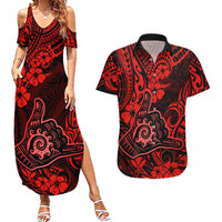 Hawaii Shaka Sign Couples Matching Summer Maxi Dress and Hawaiian Shirt Polynesian Pattern Red Version - Wonder Print Shop