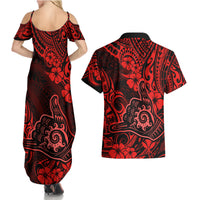 Hawaii Shaka Sign Couples Matching Summer Maxi Dress and Hawaiian Shirt Polynesian Pattern Red Version - Wonder Print Shop
