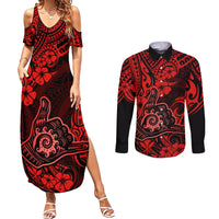 Hawaii Shaka Sign Couples Matching Summer Maxi Dress and Long Sleeve Button Shirts Polynesian Pattern Red Version - Wonder Print Shop