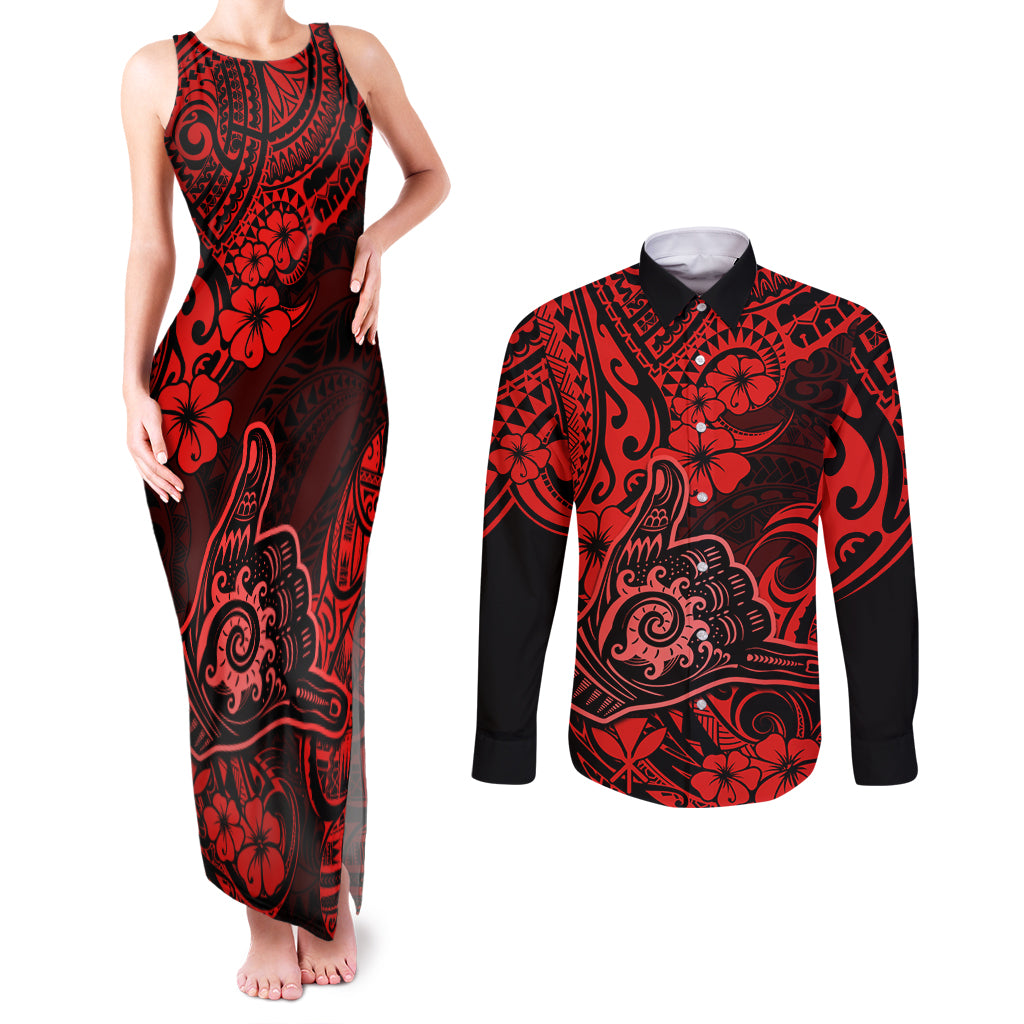 Hawaii Shaka Sign Couples Matching Tank Maxi Dress and Long Sleeve Button Shirts Polynesian Pattern Red Version - Wonder Print Shop