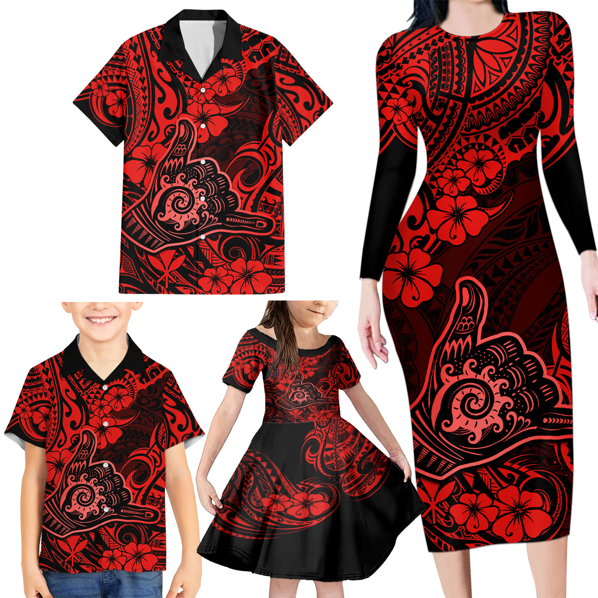 Hawaii Shaka Sign Family Matching Long Sleeve Bodycon Dress and Hawaiian Shirt Polynesian Pattern Red Version - Wonder Print Shop