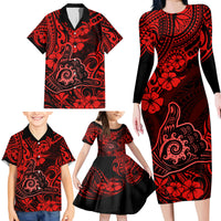 Hawaii Shaka Sign Family Matching Long Sleeve Bodycon Dress and Hawaiian Shirt Polynesian Pattern Red Version - Wonder Print Shop