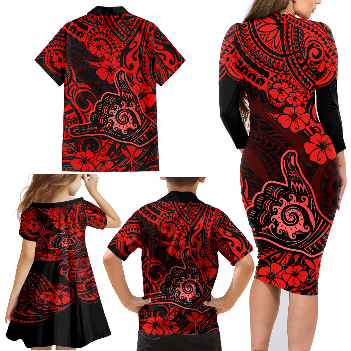 Hawaii Shaka Sign Family Matching Long Sleeve Bodycon Dress and Hawaiian Shirt Polynesian Pattern Red Version - Wonder Print Shop