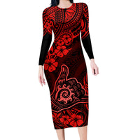 Hawaii Shaka Sign Family Matching Long Sleeve Bodycon Dress and Hawaiian Shirt Polynesian Pattern Red Version - Wonder Print Shop